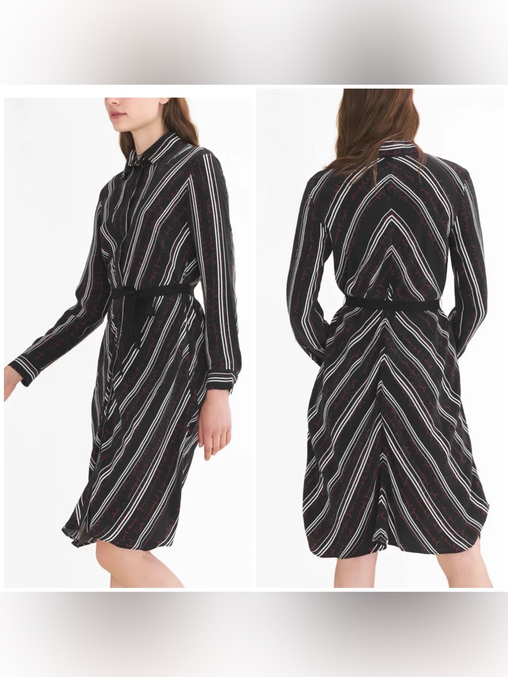 $395 Maje Regga Chevron Stripe Print Black Long Sleeve Button Down Shirt Dress S